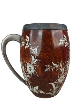 Vintage Wooden Floral Mug W/ Removable Copper Liner 5" Handcrafted Metal Handle